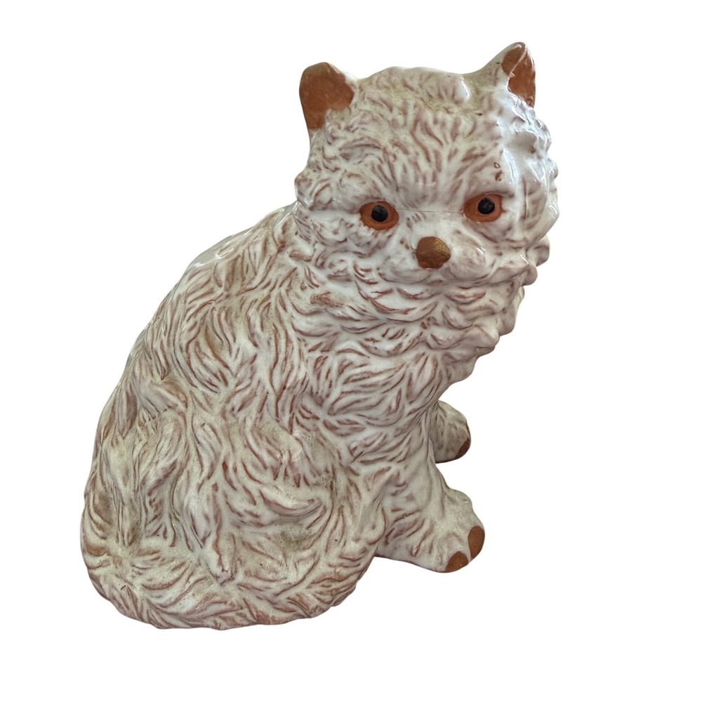 Vintage Ceramic Persian Cat Figurine Cream‎ Brown Textured Fluffy Kitten